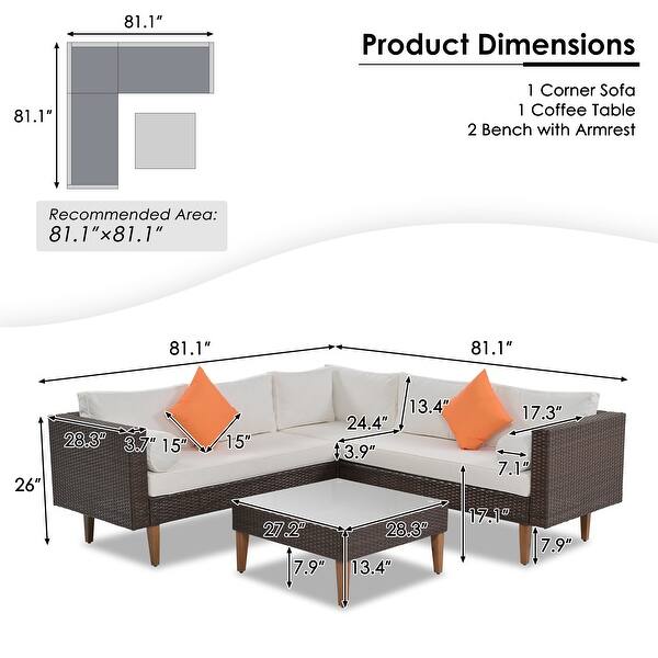 4Pieces Outdoor Patio Wicker LShape Sectional Sofa with Table and