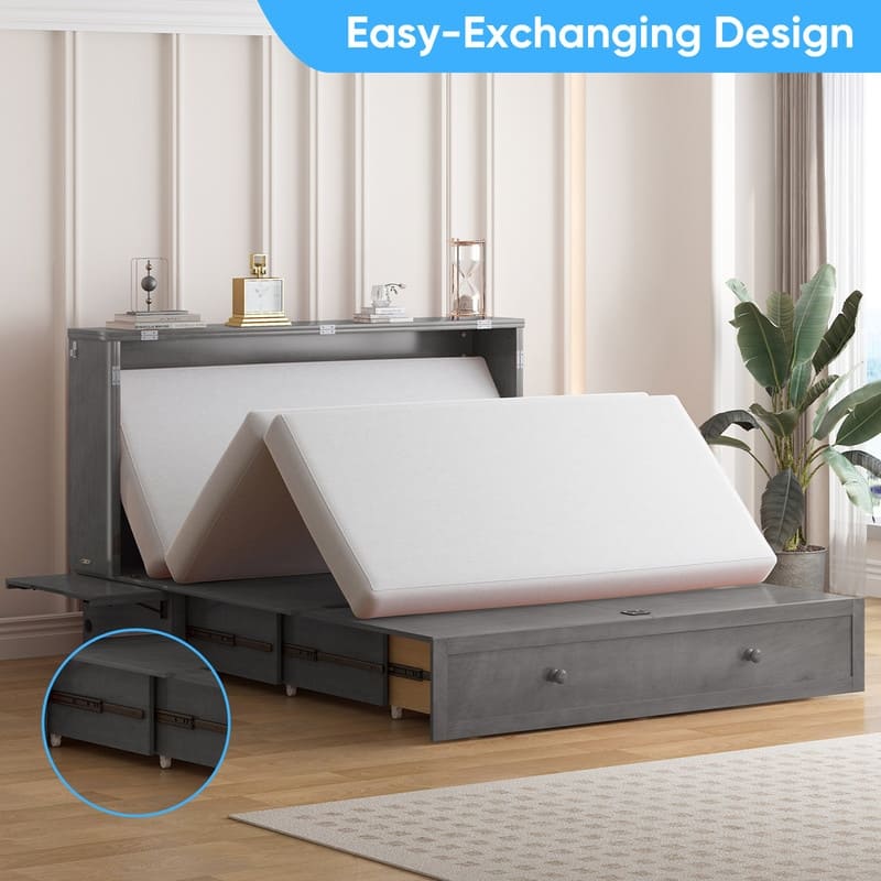 Mixoy Murphy Bed with Mattress,Cube Foldable Cabinet Bed with Charging Station