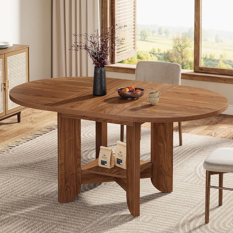 59-Inch Wood Oval Dining Table with Storage Shelf for 4-6 - Walnut