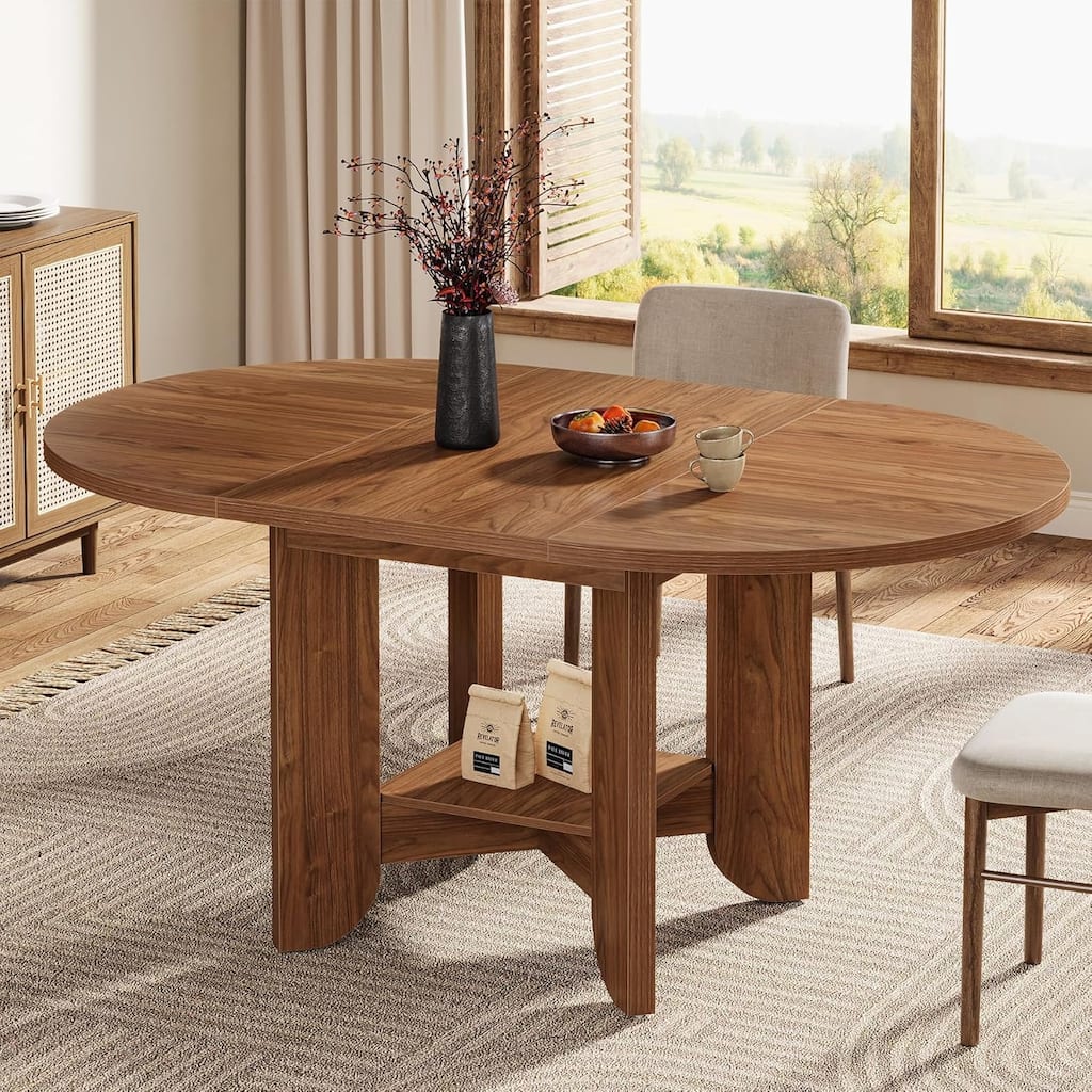 59-Inch Wood Oval Dining Table with Storage Shelf for 4-6