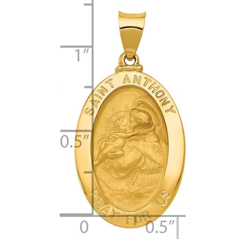 Curata 14k Yellow Gold 18" Oval Hollow Polished and Satin St. Anthony Medal Pendant Necklace