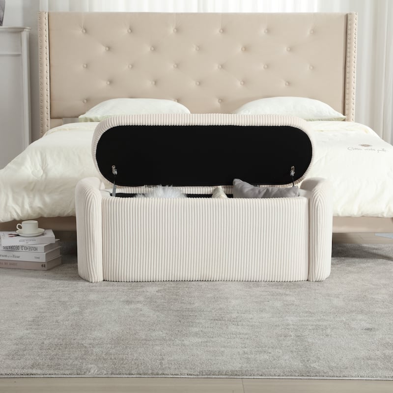 Corduroy Upholstered Storage Ottoman Bench with Safety Hinge for Living Room,Bedroom - Beige