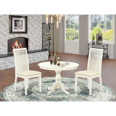 3-Piece Linen White Finish Solid Wood Top - Round Dining Room Set - Seats 4