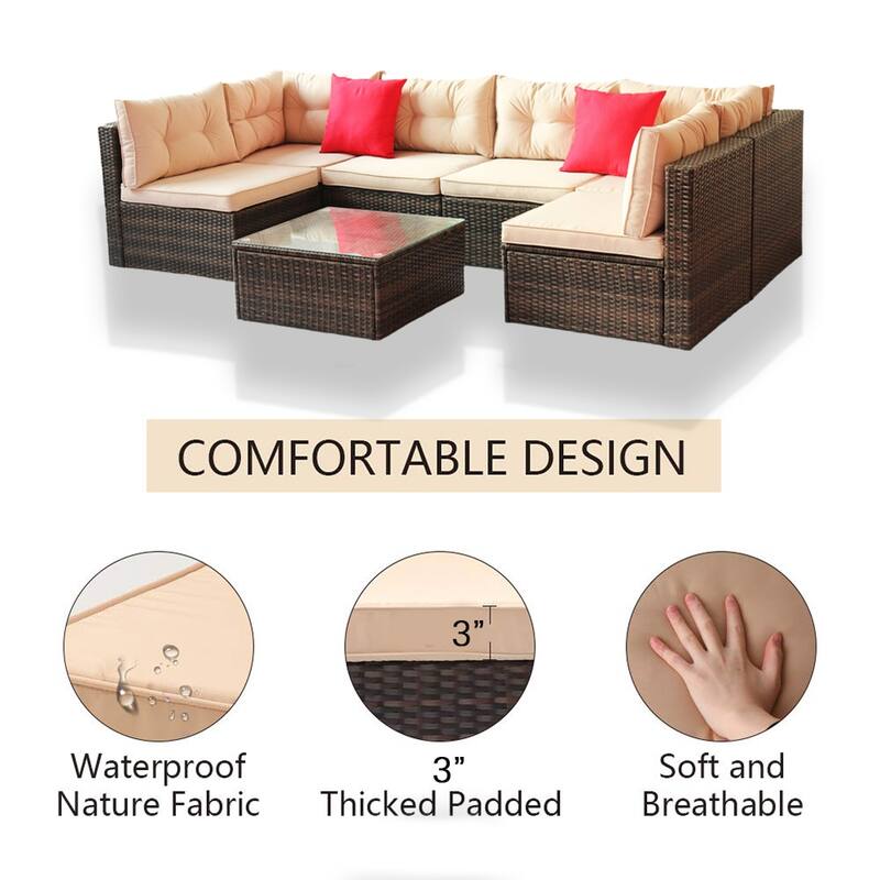 7 Piece Rattan Outdoor Patio Furniture Set, Sofa Set With Glass Table - N/A