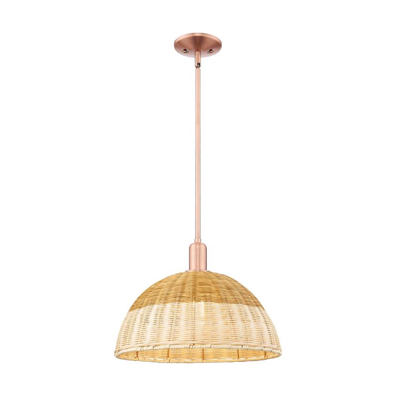 Innovations Lighting Downtown Urban - Natural Ballston Dome - 1 Light Stem Hung Mini Pendant with Basketweave Shade - Antique Copper - 16"