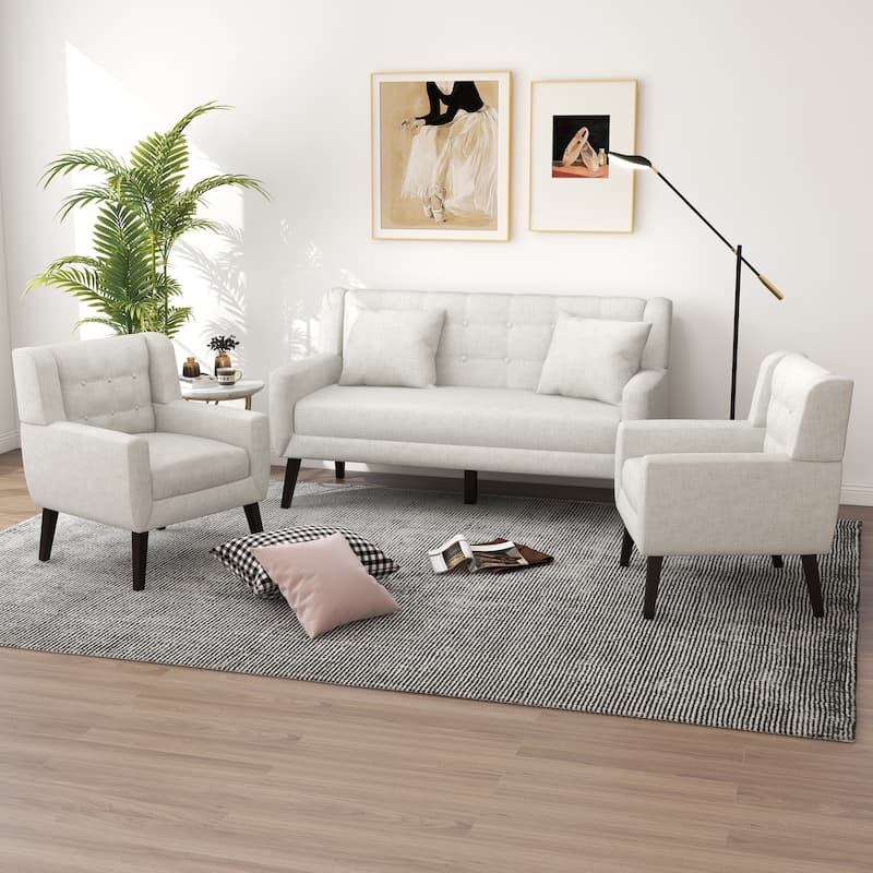 Tufted Linen/Cotton Loveseat with 2 Accent Chairs