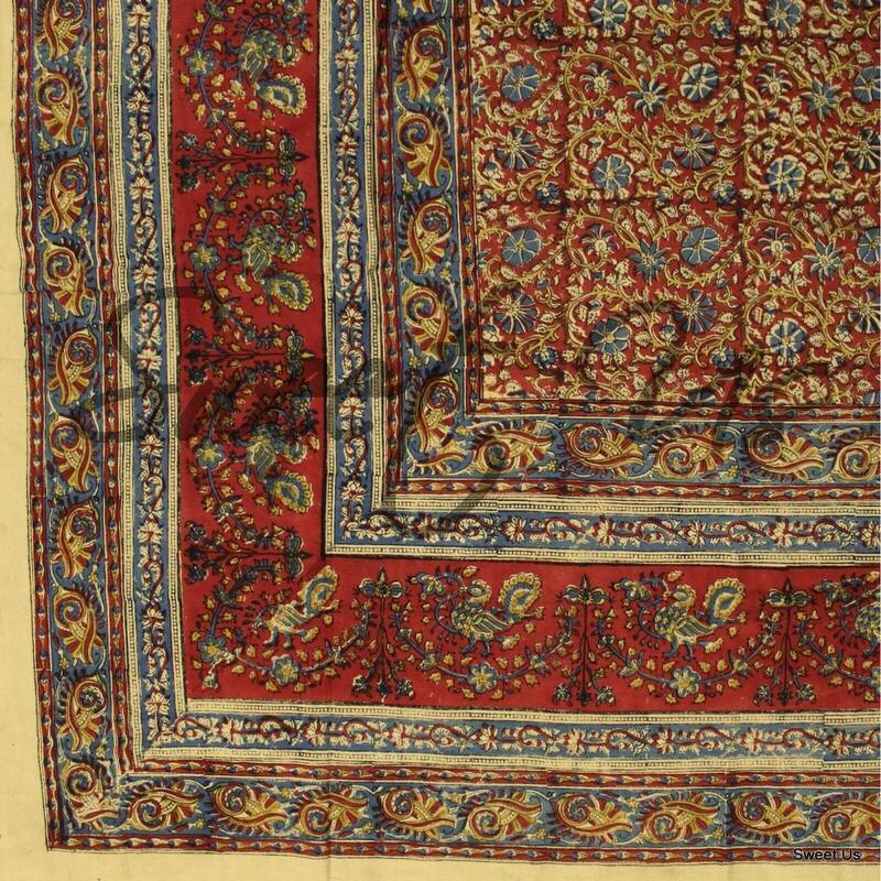 Block Print Cotton Vegetable Dye Antique Floral Tablecloth Rectangle