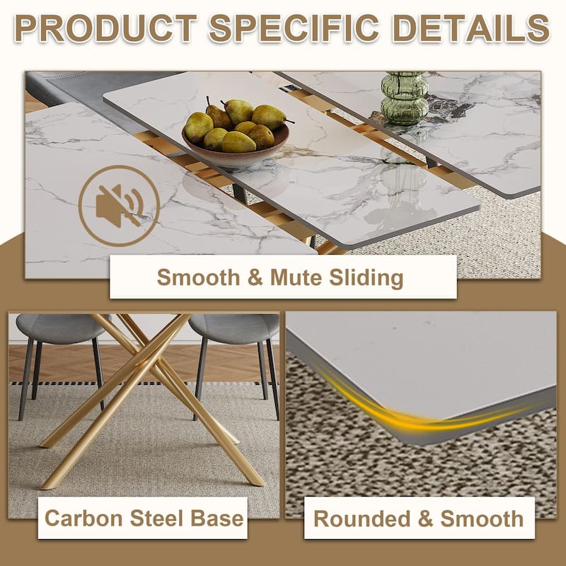 59-inch Modern Round Expandable Dining Table, Burnt Stone Top & Golden Carbon Steel X-Base, Sturdy 4-6 Person Table