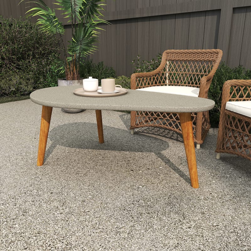 Gray Concrete Inspired Oval End Table Outdoor Accent Table with Brown Tapered Wood Legs