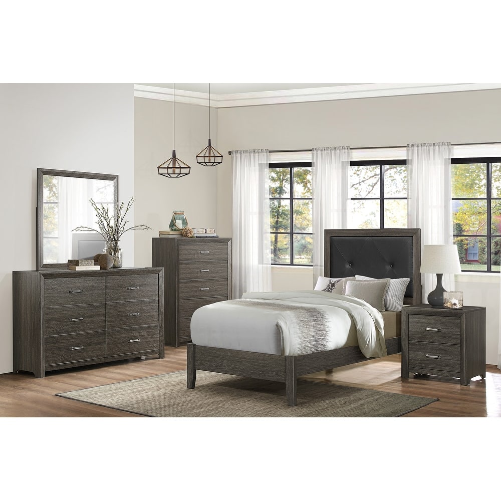 Contemporary Bedroom Set 5pc Bed Two Nightstands Dresser Mirror Dark Gray