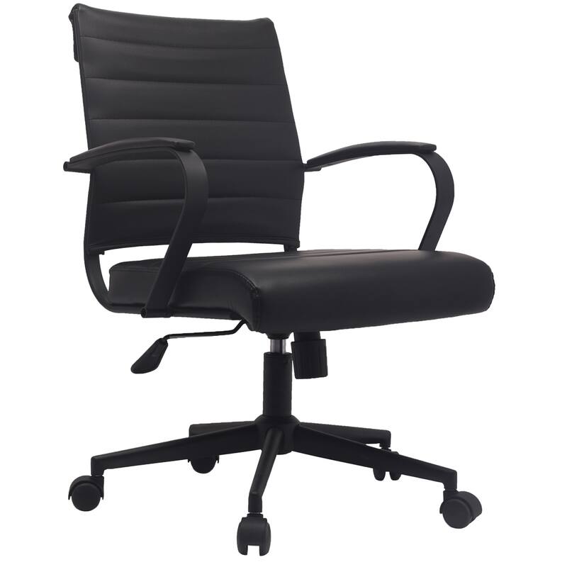 Modern Office Desk Chair Mid Back Ribbed PU Leather Armless Conference Task Chair with Padded Foam Seat, Tan - All Black