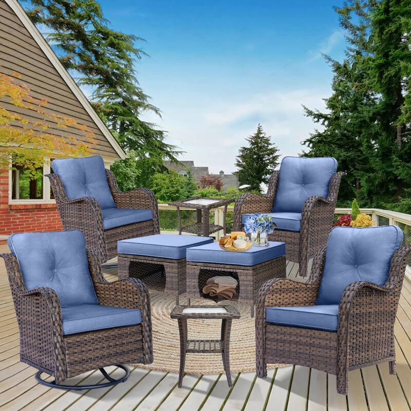 8 Piece Outdoor Wicker Patio Furniture Swivel Glider Chair Ottoman Set - Blue-Brown Rattan