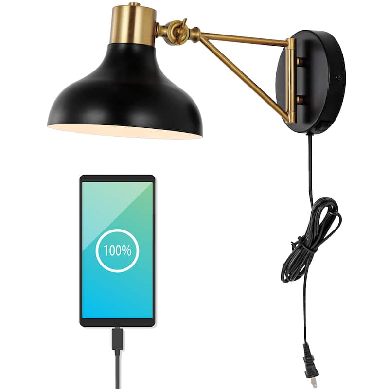 Lisa Swing Arm 1-Light Modern Midcentury Iron USB Charging Port LED Sconce, by JONATHAN Y