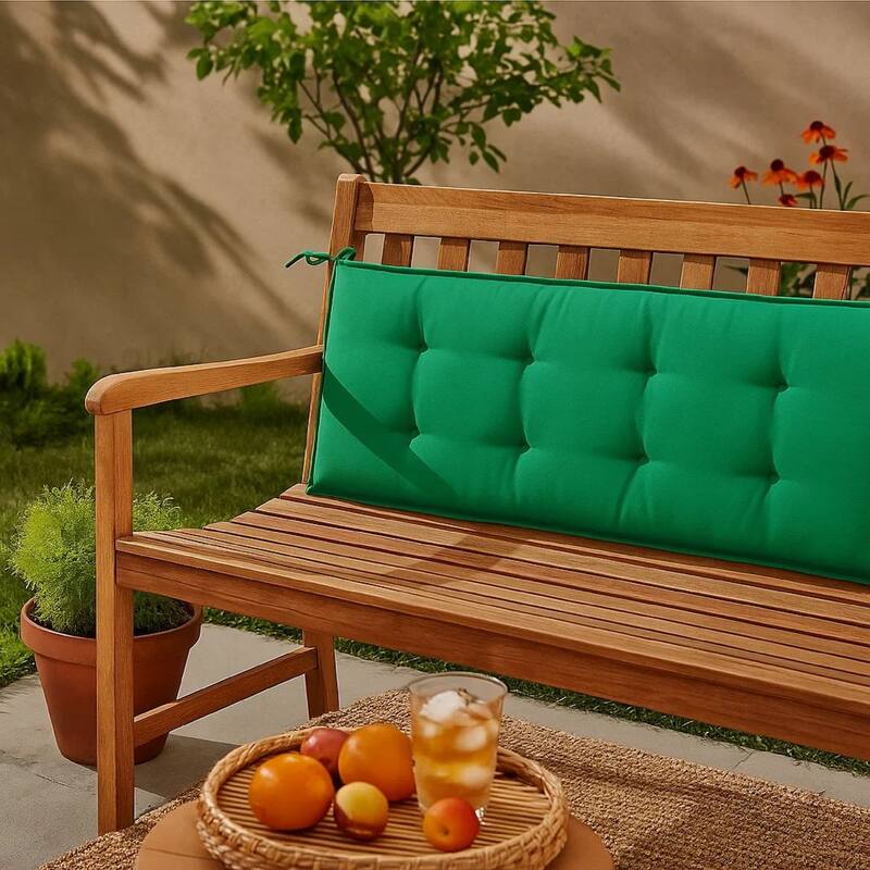Claire Outdoor Cushion for Bench, Button Tufted Green Fabric, 59 Inch