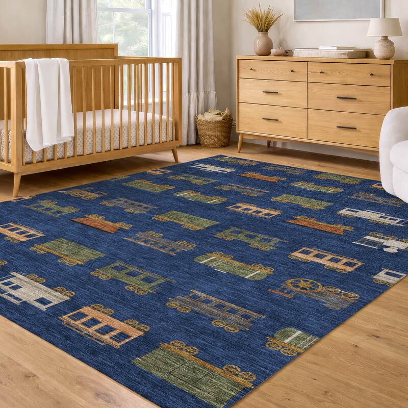 Machine Washable Indoor/ Outdoor Modern Train Chantille Rug