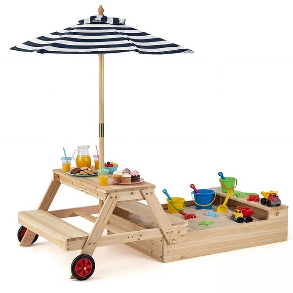 slide 2 of 10, Gymax 3-in-1 Wooden Sandbox w/Foldable Umbrella Convertible Picnic Natural, Blue, White