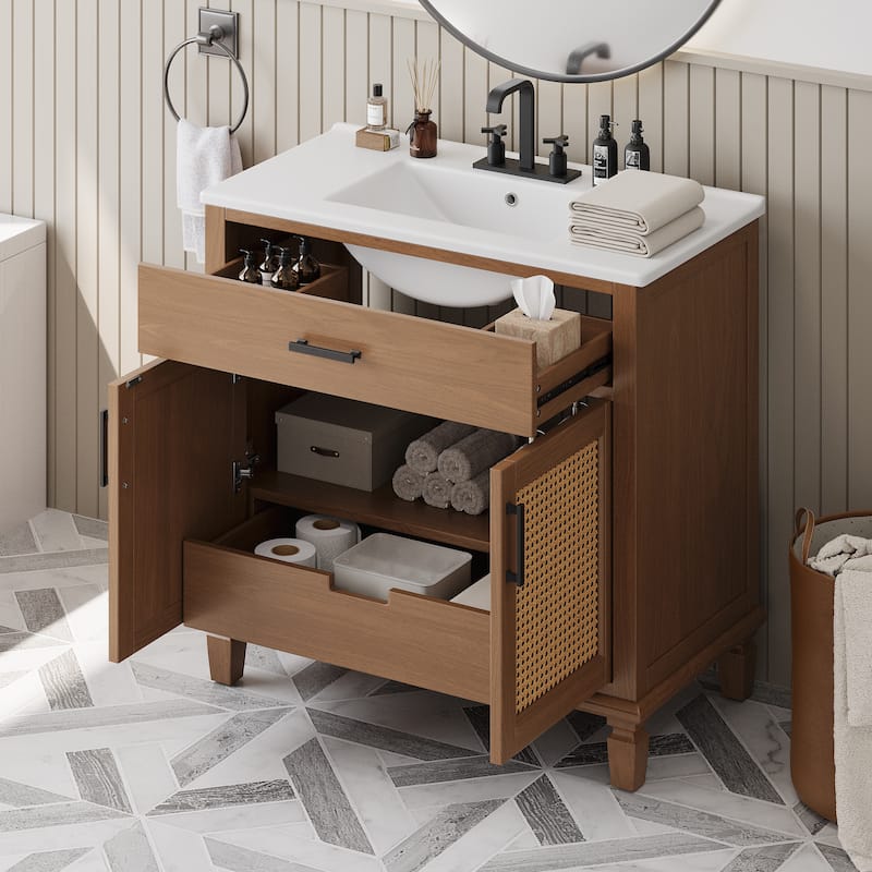 36" Rattan Modern Bathroom Vanity with Ceramic Sink - 2 Soft-Close Doors & 3 Drawers, Solid Wood Legs, Spacious Storage - Bronze
