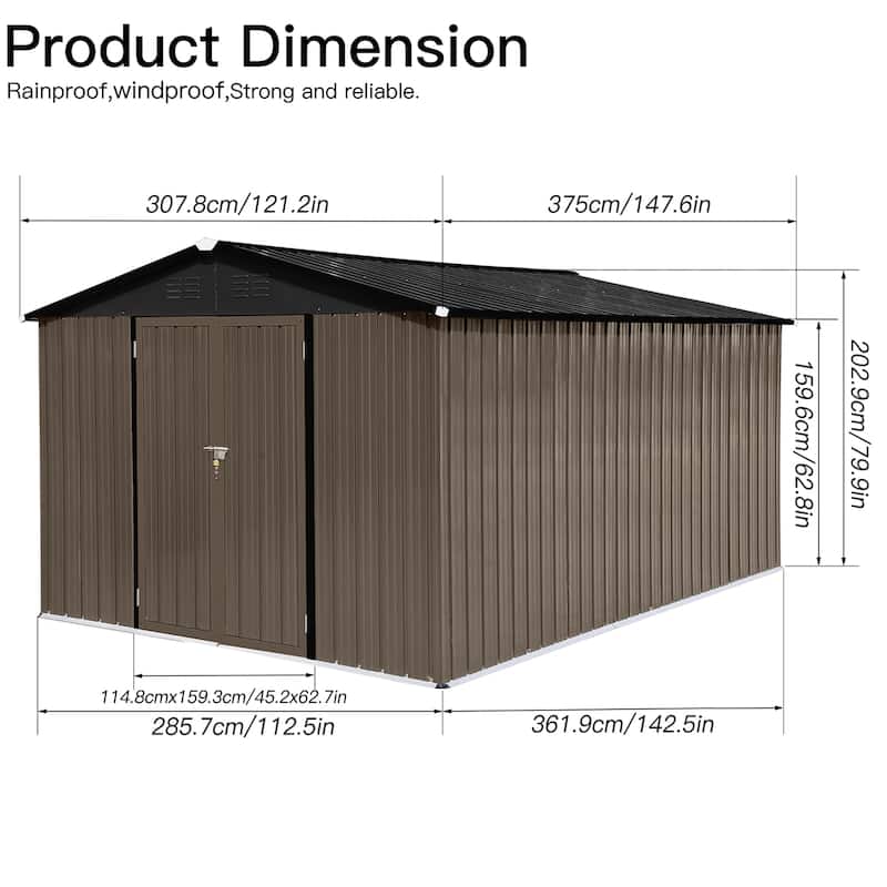 Outdoor 10 x 12 ft. Metal Storage Shed with Vents and Hinged Door and Padlock