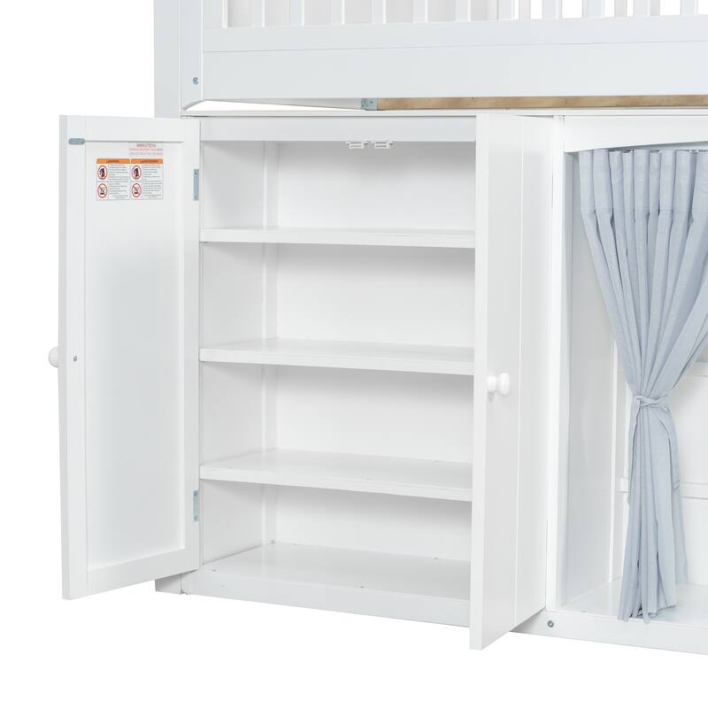 GDFStudio - UrbanGrow Modern Wooden Loft Bed with Storage Cabinet, Wardrobe and LED Light