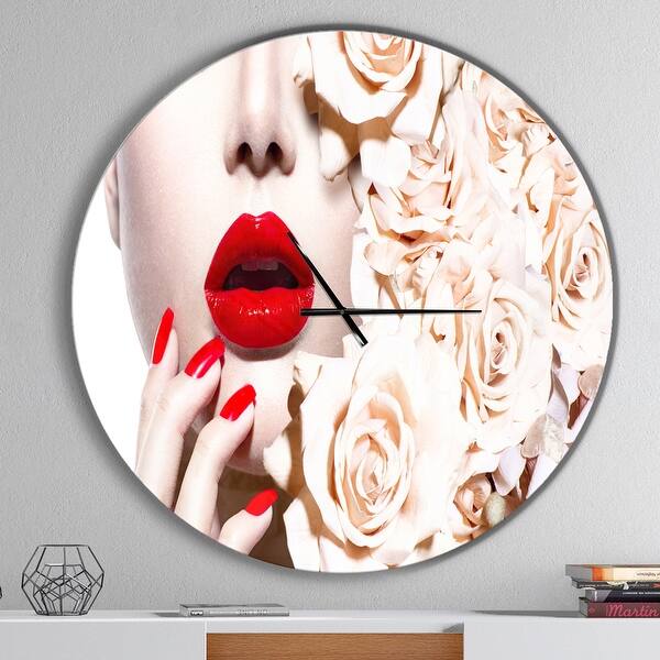 slide 2 of 10, Designart 'Fashion Sexy Woman with Flowers' Oversized Fashion Wall CLock