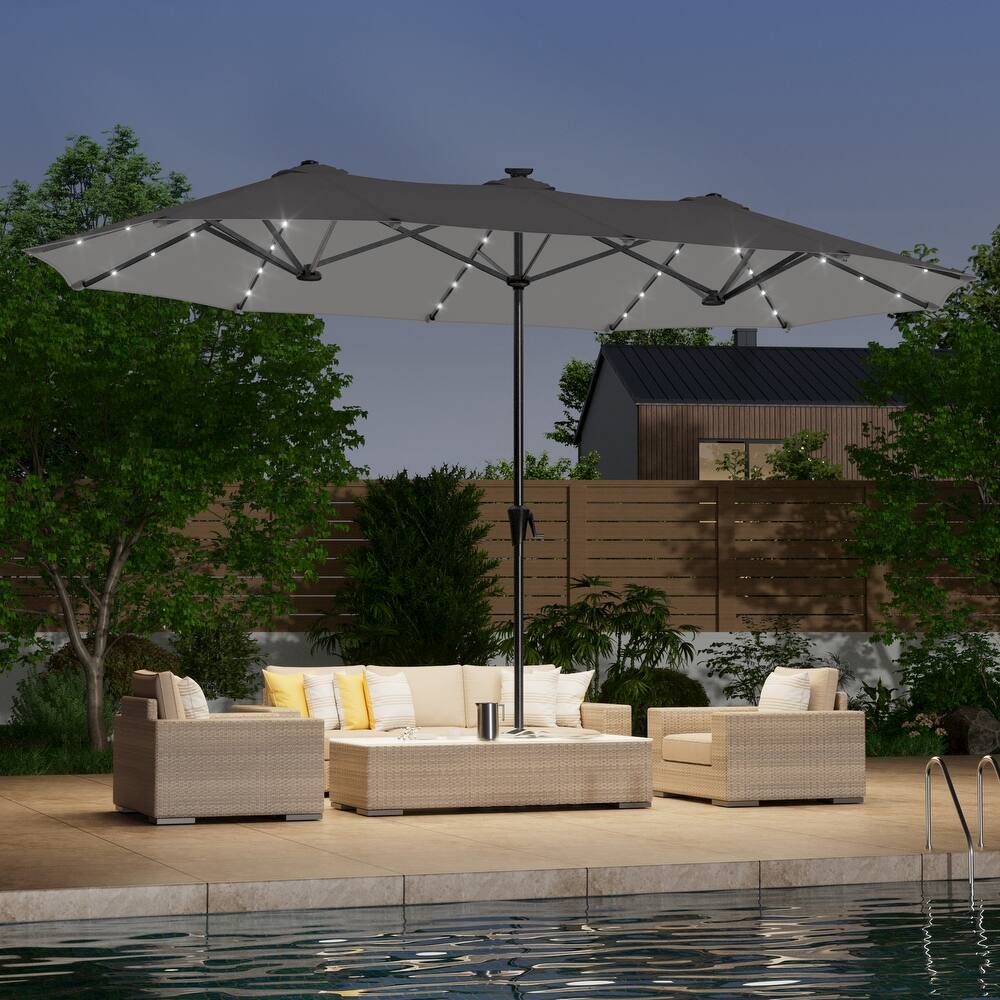 LIVOOSUN 13 x 7.2ft Large LED Double-Sided Rectangular Outdoor Patio Market Umbrella with Crank, Solar Panel, Navy Blue