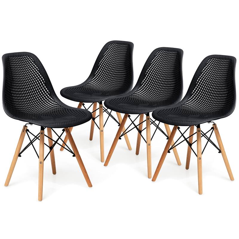 Costway Set of 4 Plastic Hollow Out Chair Mid Century Modern Wood-Leg - See details - Black