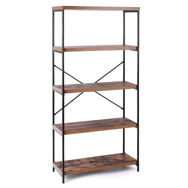 5 Tier Bookcase Industrial Wood Bookshelf Accent Display Rack - Rustic Brown & Black - 1 PCS