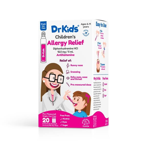 slide 1 of 1, DrKids Children's Allergy Relief, Diphenhydramine 12.5mg per 5ml - 24ct