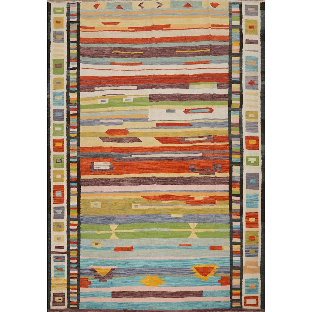 Hand Woven Oriental 100% Wool Carpet Southwestern Tribal Multi-Colored Kilim Area Rug - 9' 8'' X 8' 4''