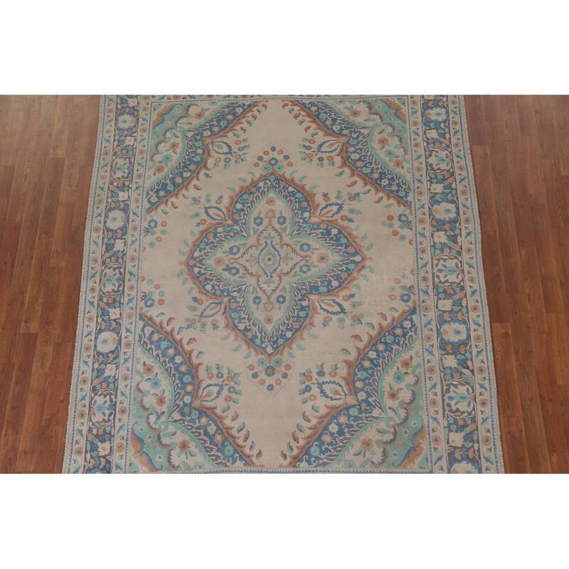 Hand Knotted Oriental 100% Wool Carpet Traditional Floral Beige & Ivories Tabriz Area Rug - 8' 8'' X 6' 5''