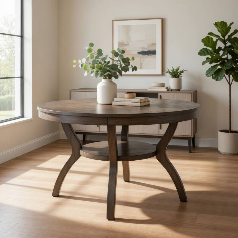 48 Inch Wooden Round Dining Table with Angled Legs, Brown
