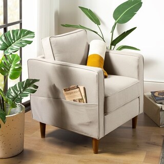Hana Modern Linen Fabric Armchair with Armrest Pockets in Sand Grey ...