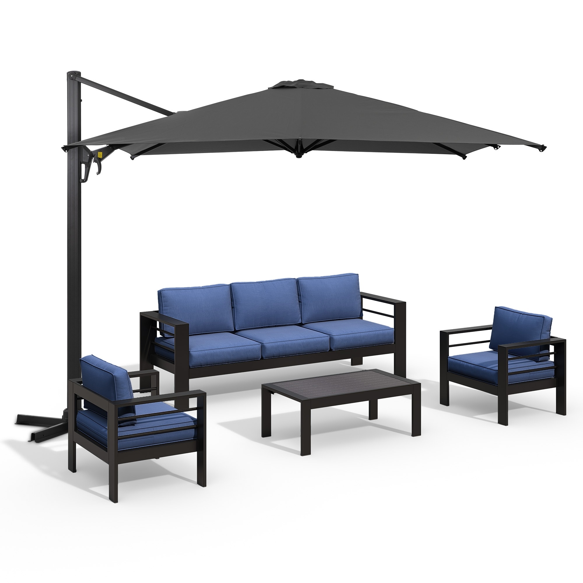 5-Piece Aluminum Patio Set with Umbrella and Armchairs, Deep Cushions, Gray Navy