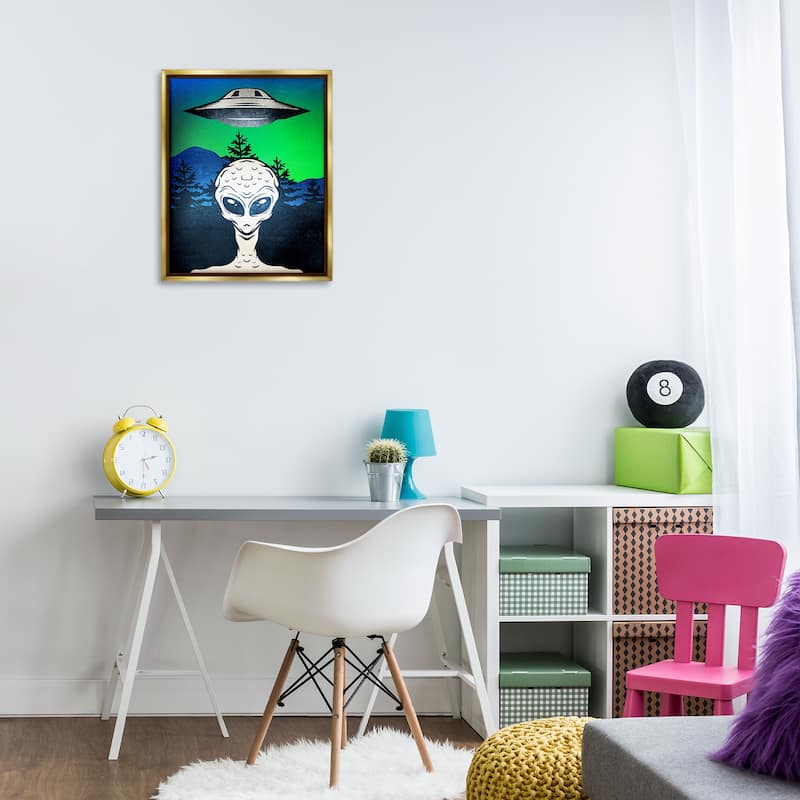 Stupell Alien and UFO Scene Framed Floater Canvas Wall Art Design By Kim Allen