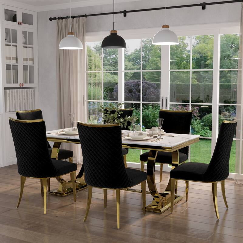 Luxurious Dining Room Table Set with Velvet Dining Chairs