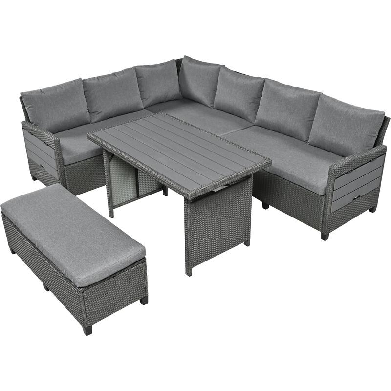 5-Piece Outdoor Patio Rattan Sofa Set - L-Shaped PE Wicker Sectional with 2 Extendable Side Tables, Dining Table
