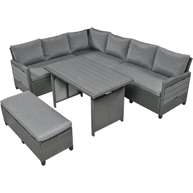 Roomfitters 5-Piece Outdoor PE Wicker Patio Sofa Set with 2 Extendable Side Tables, Dining Table