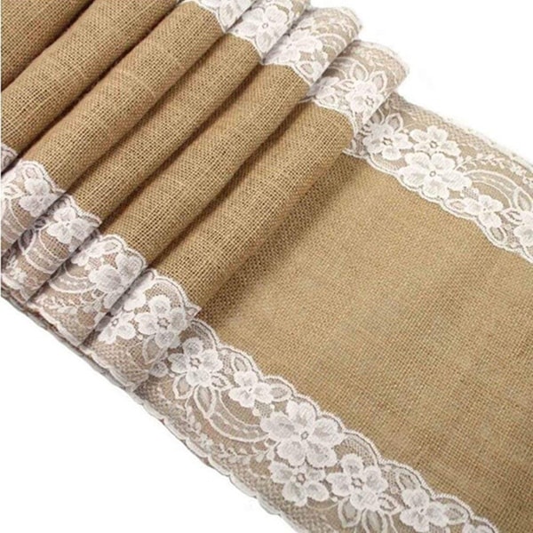 12" X 108" Natural Burlap Table Runner Lace Jute Tablecloth Wedding Decoration 