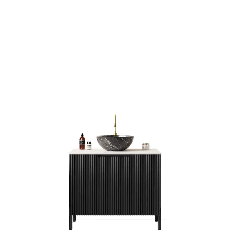 30" Bathroom Vanity Freestanding Storage Cabinet with Black Bowl Stone Pattern Ceramic Basin and White Sintered Stone Countertop