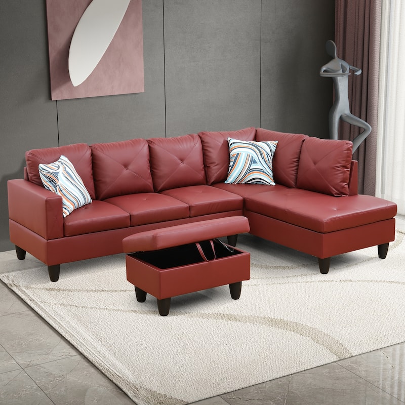 L-Shaped PU Leather Sofa & Chaise with Ottoman