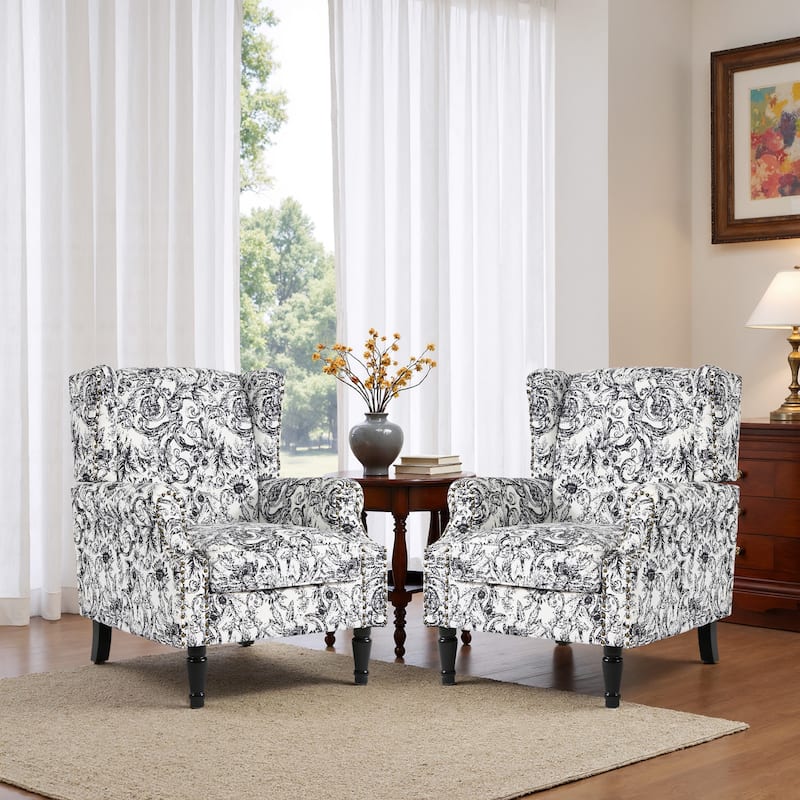 2 Set Traditional Patterned Wingback Accent Chairs with NailHead - Rococo Black