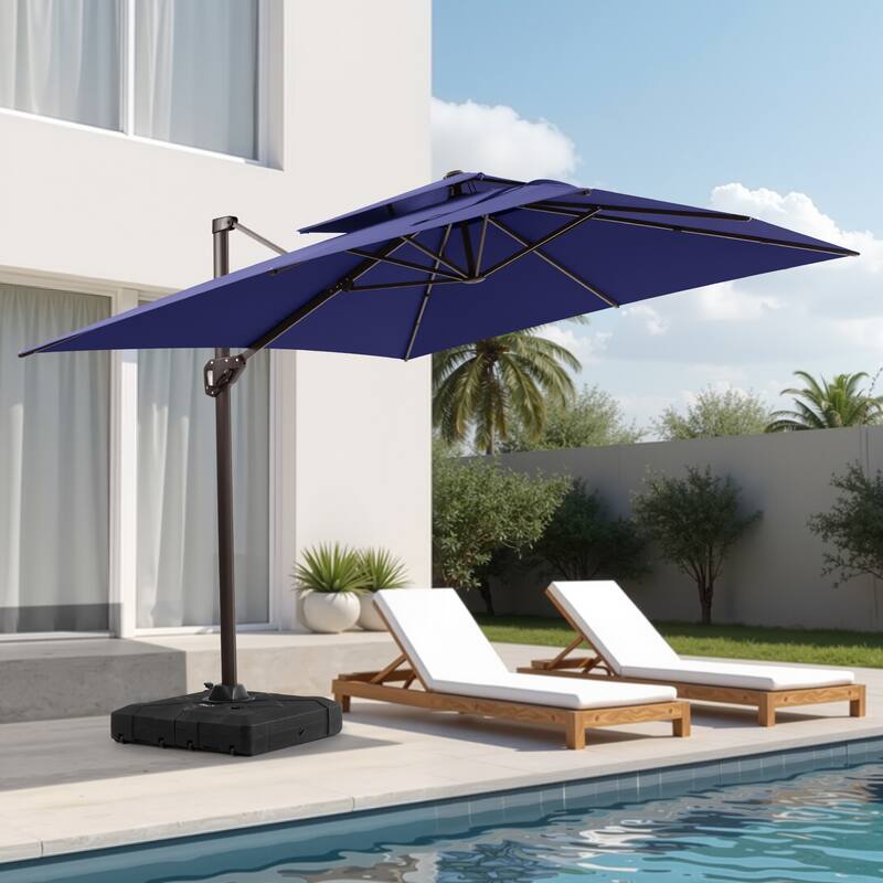 11 × 9 ft Outdoor Patio Offset Cantilever Dual Top Umbrella with Weighted Base - Navy Blue
