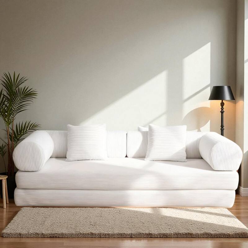 Cream Upholstered Folding Sofa Bed Couch, 78.7" Convertible Floor Sofa for Living Room, Apartment, Bedroom, Compact Spaces