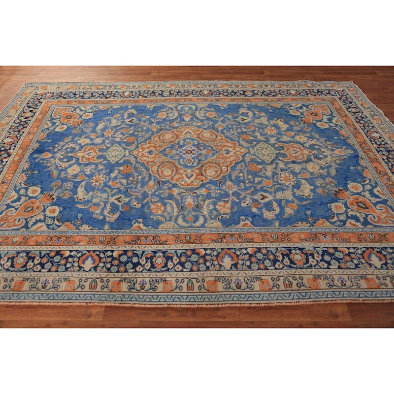 Blue & Orange Tabriz Persian Area Rug Handmade Wool Carpet - 6'8"x 9'3"