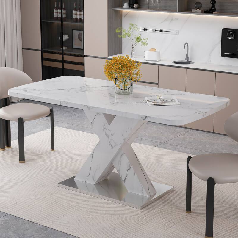 Modern Square Dining Table, Stretchable, White Table Top+MDF X-Shape Black and White Color Table Leg with Metal Base - White