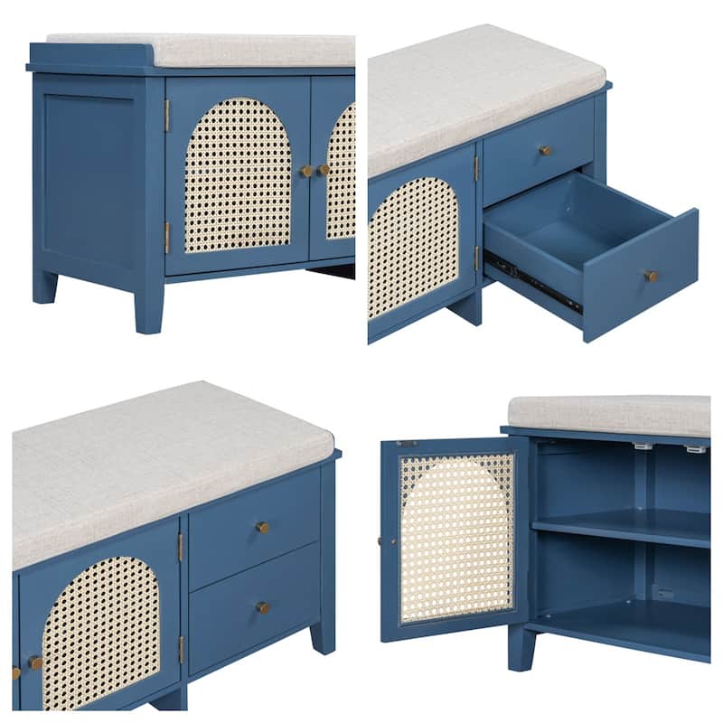 Wood Shoe Storage Bench with Cushion,2 Drawers and 2 Rattan Door