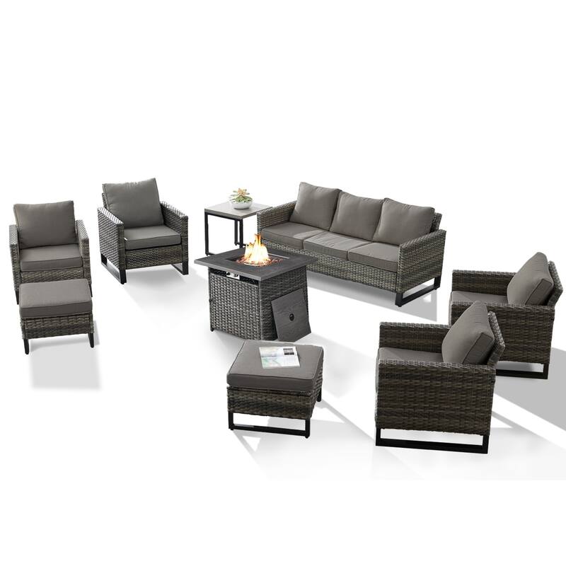 4 Patio Chairs with Sofa and Fire Pit Table