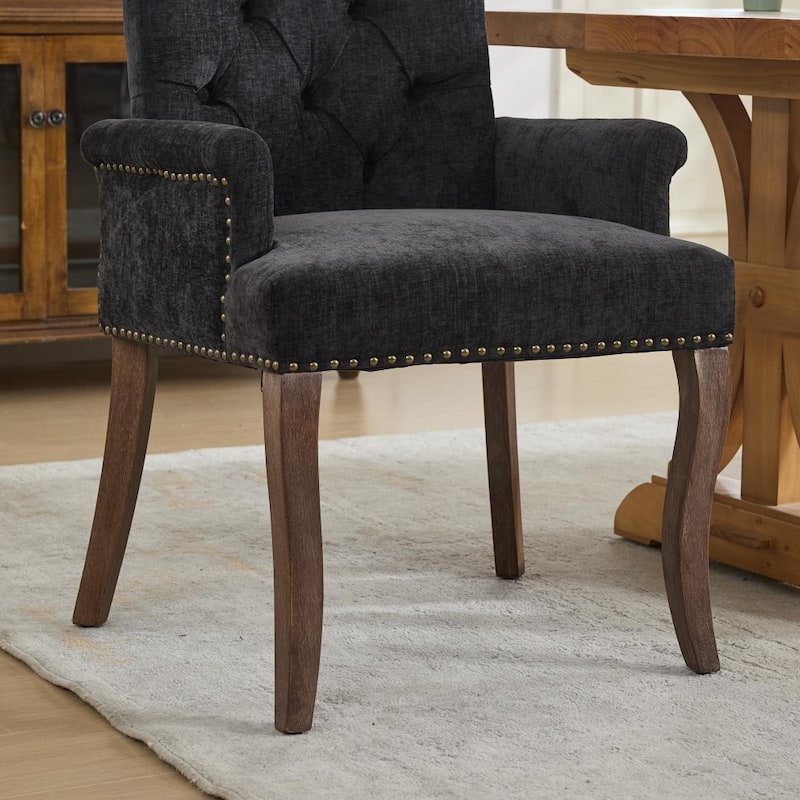 Upholstered Chenille Fabric Accent Dining Chair with Curved Solid Wood Legs
