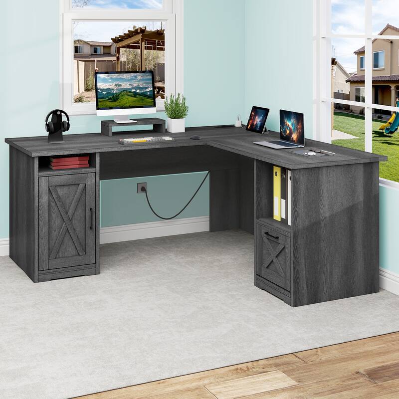 Moasis 59" L Shaped Office Desk with File Cabinet, Corner Computer Desk with Monitor Stand for Home Ofiice