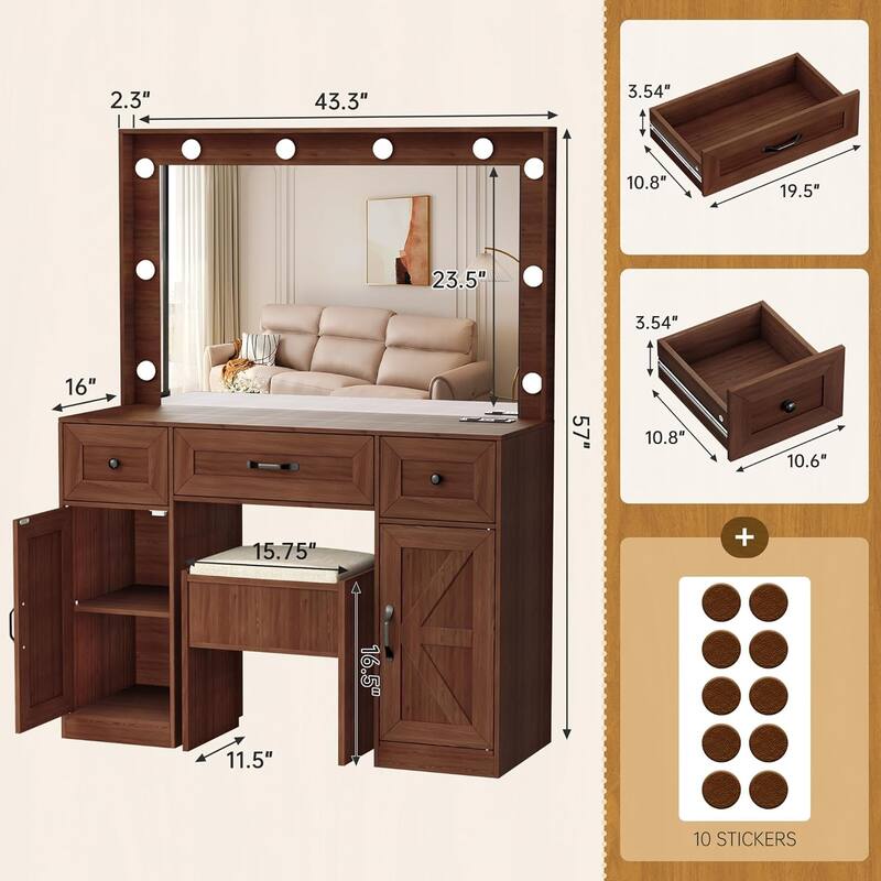 43.3'' Wide Makeup Vanity Dressing Table with Adjustable Lighted Mirror and Stool, Power Outlet